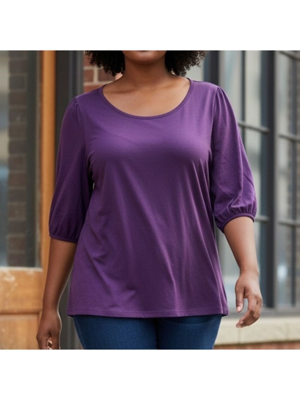Ralph Lauren Purple Scoop Neck Three-Quarter Sleeve Top Embroidery Logo